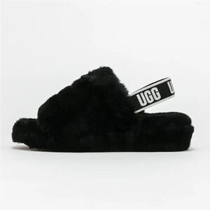 UGG Kid's Black Flat Strap Comfort Slip On Fluff Yeah Slide Sandal Size 6